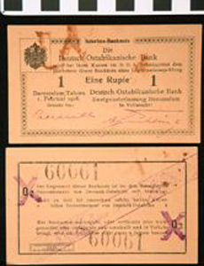 Thumbnail of Bank Note: German East Africa, 1 Rupie (1992.23.0523)
