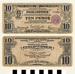 Thumbnail of Bank Note: Philippine Commonwealth Government Mindanao Emergency Circulating, 10 Pesos (1965.01.0140)