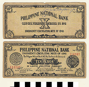 Thumbnail of Bank Note: Philippine Commonwealth Government Cebu Emergency Circulating, 10 Pesos (1965.01.0141)