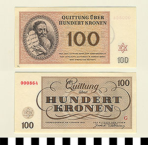 Thumbnail of Bank Note: Nazi 100 Kronen Receipt from Theresienstadt Concentration Camp (1992.23.0380A)