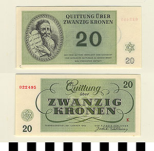 Thumbnail of Bank Note: Nazi 20 Kronen Receipt from Theresienstadt Concentration Camp (1992.23.0380C)