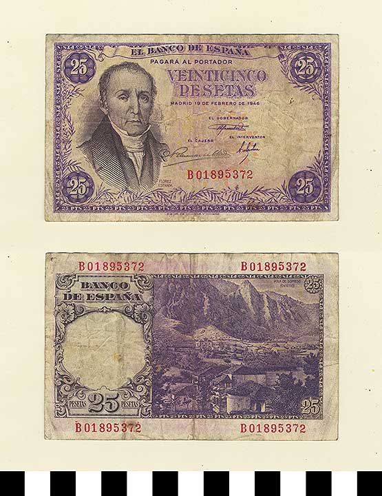 Thumbnail of Bank Note: Spain, 25 Pesetas (1992.23.2143)