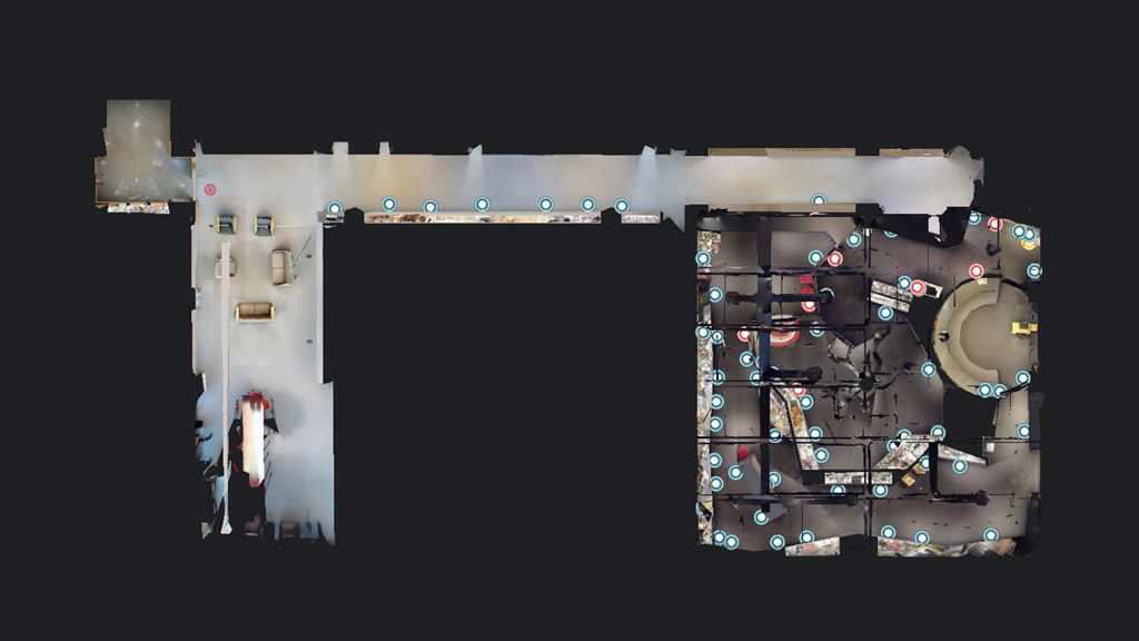 overhead view of a 3d rendering of museum gallery with marked nodes