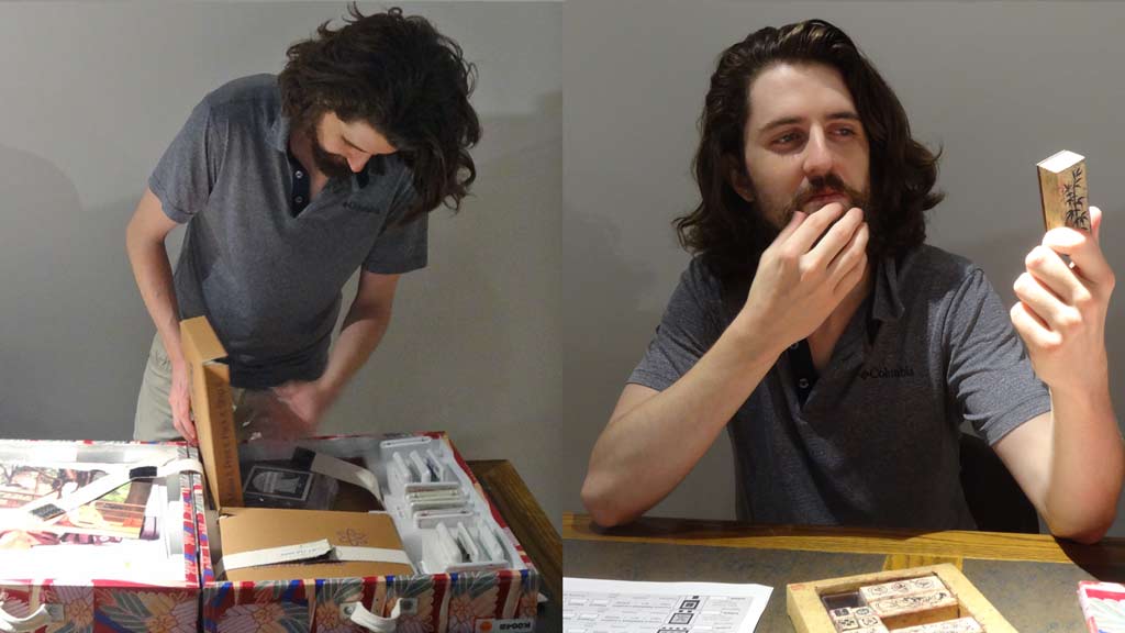 two images of a student looking at things in a kit of objects