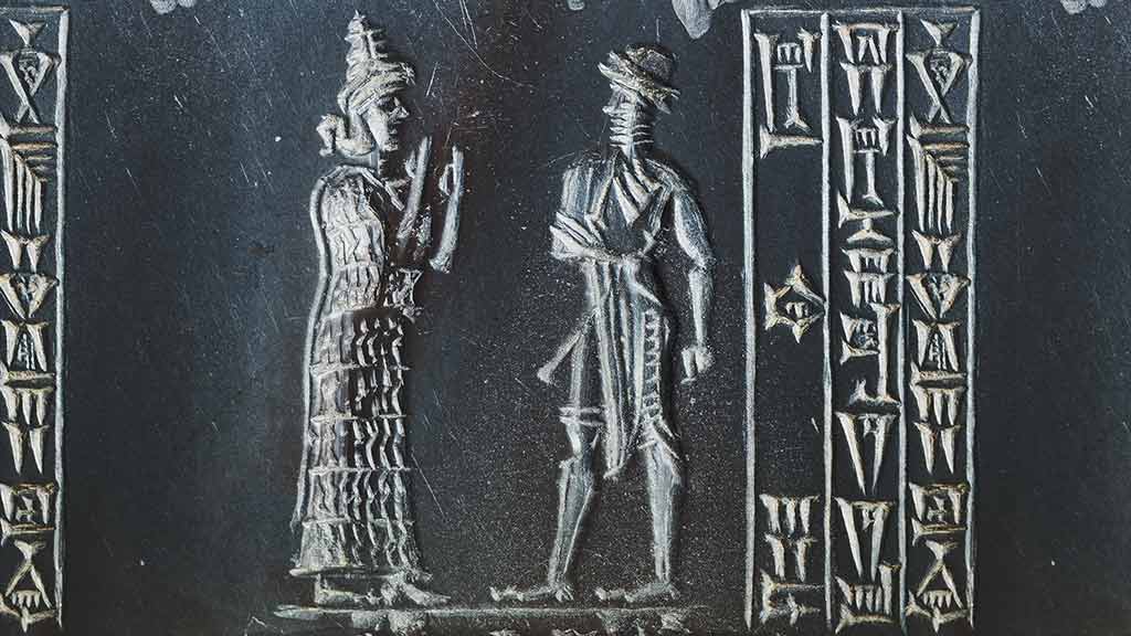 King and goddess with three columns of cuneiform