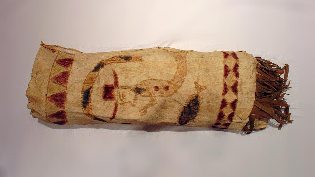 cylindrical bark cloth with fish-man design and fringed bottom