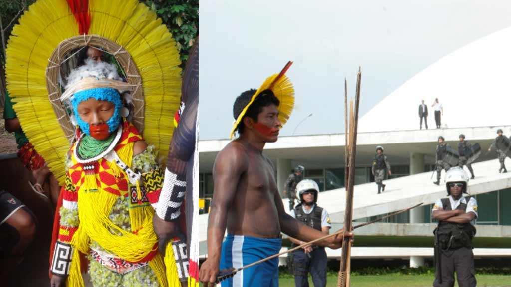 split image: a person with feather regalia and face paint; person with face paint and simple weapons with riot police in the background