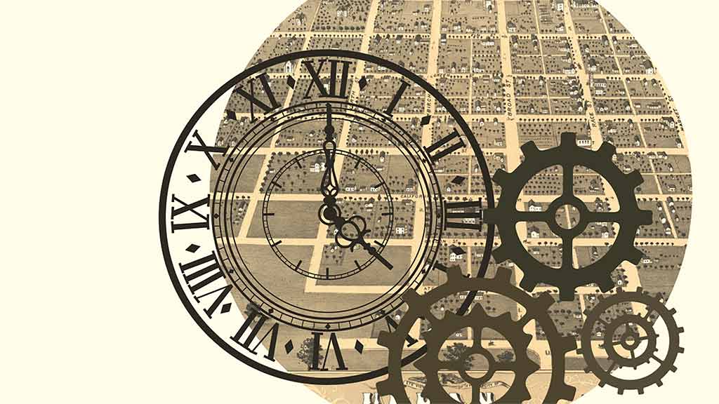 a clock and gear illustration over a historic isometric town map