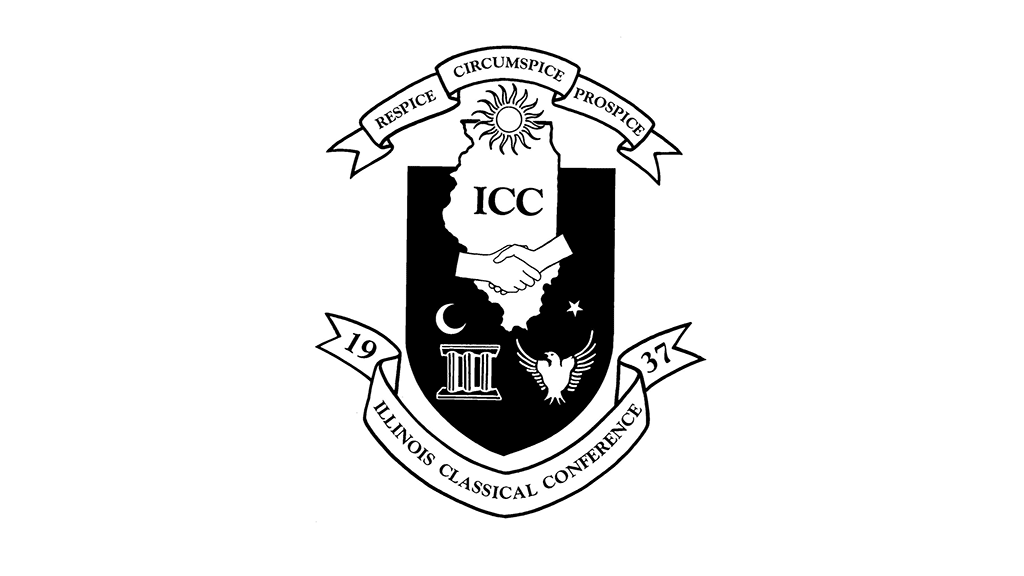 Illinois Classical Conference crest (respice, circumspice, prospice, 1937) with sun, handshake, moon, star, pillars, eagle