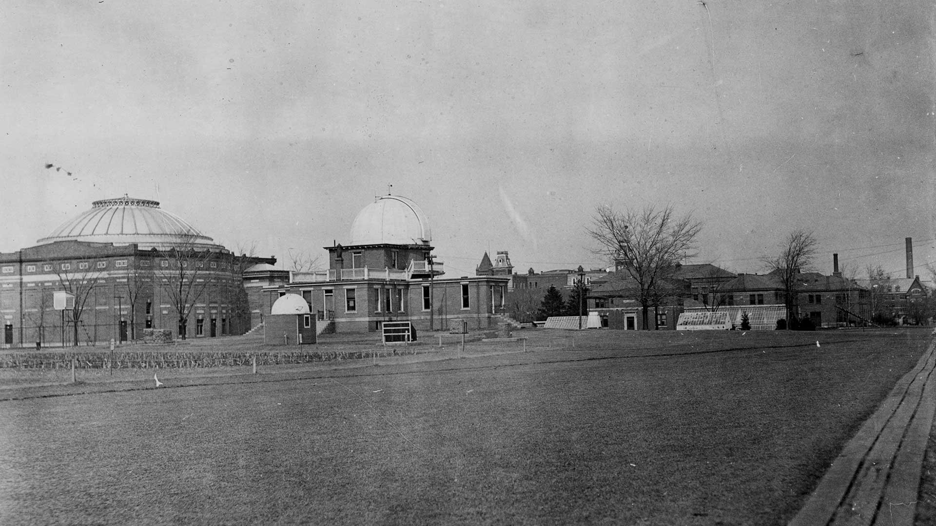 Black and White photo of south campus, looking northwest. Foellinger and Observatory visible.