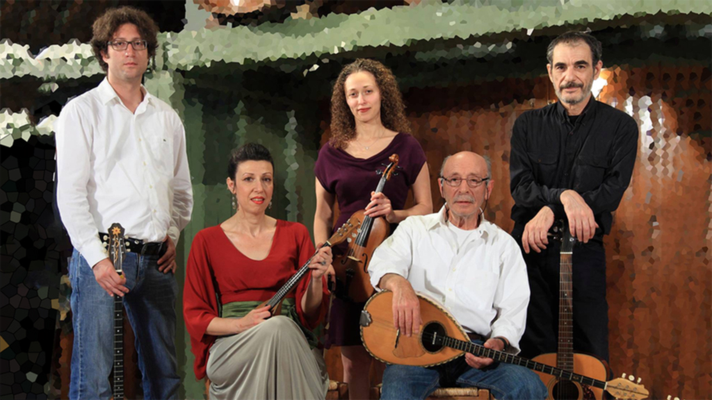 promo photo of quintet (2 women and 3 men holding Greek instruments)