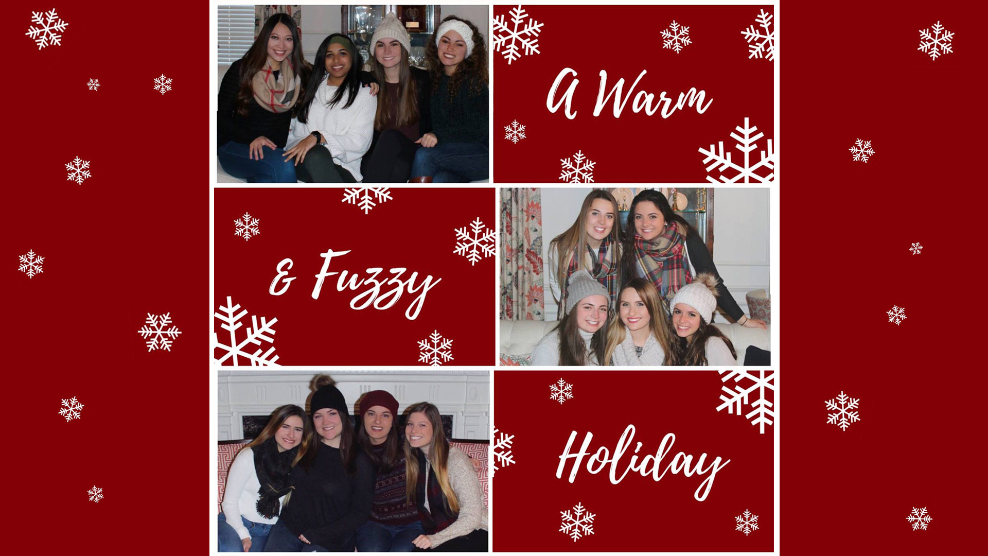 Photo grid with girls in groups of four or five wearing winter clothing