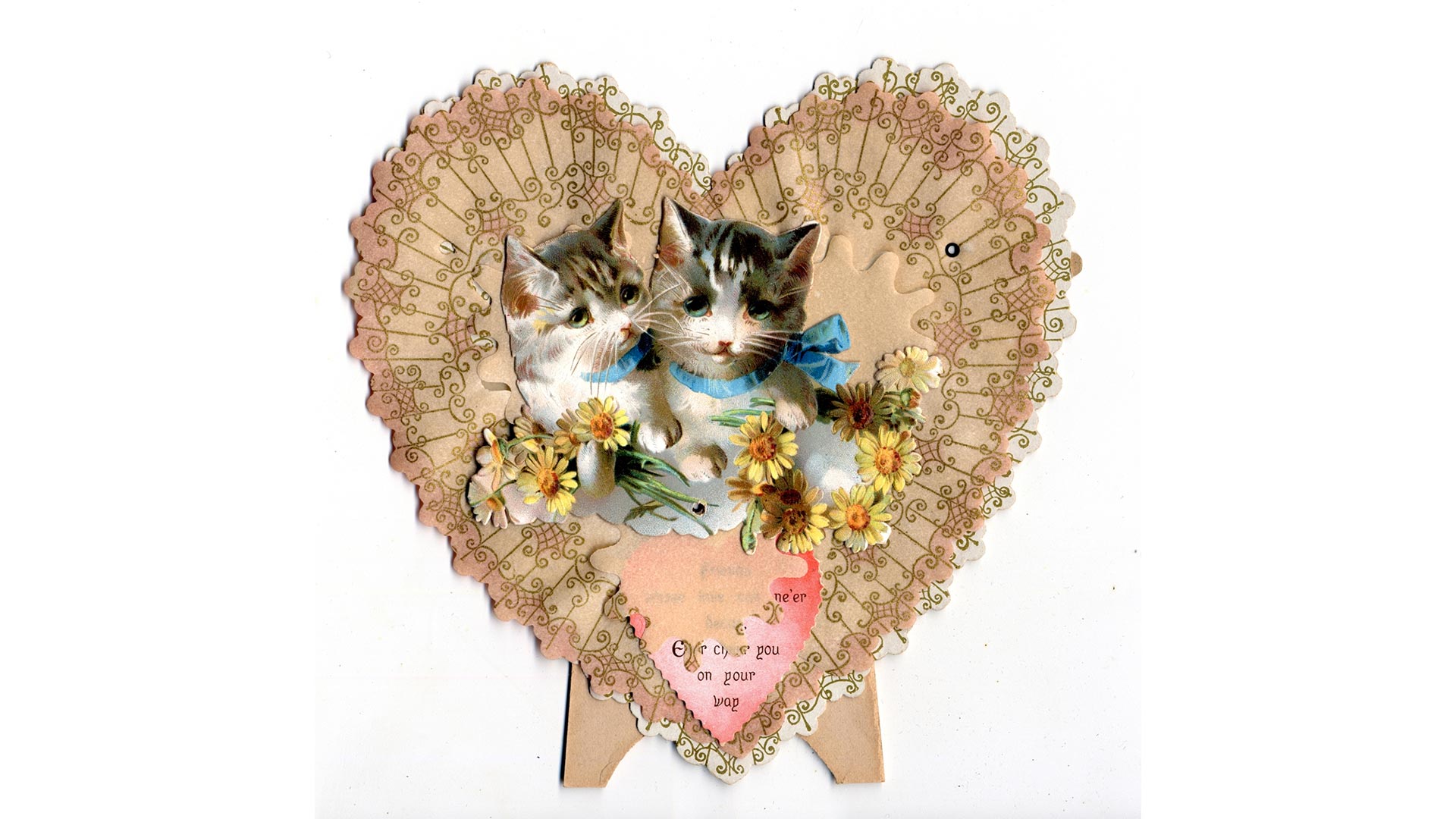 Victorian valentine, with two illustrated cats on a paper heart shape