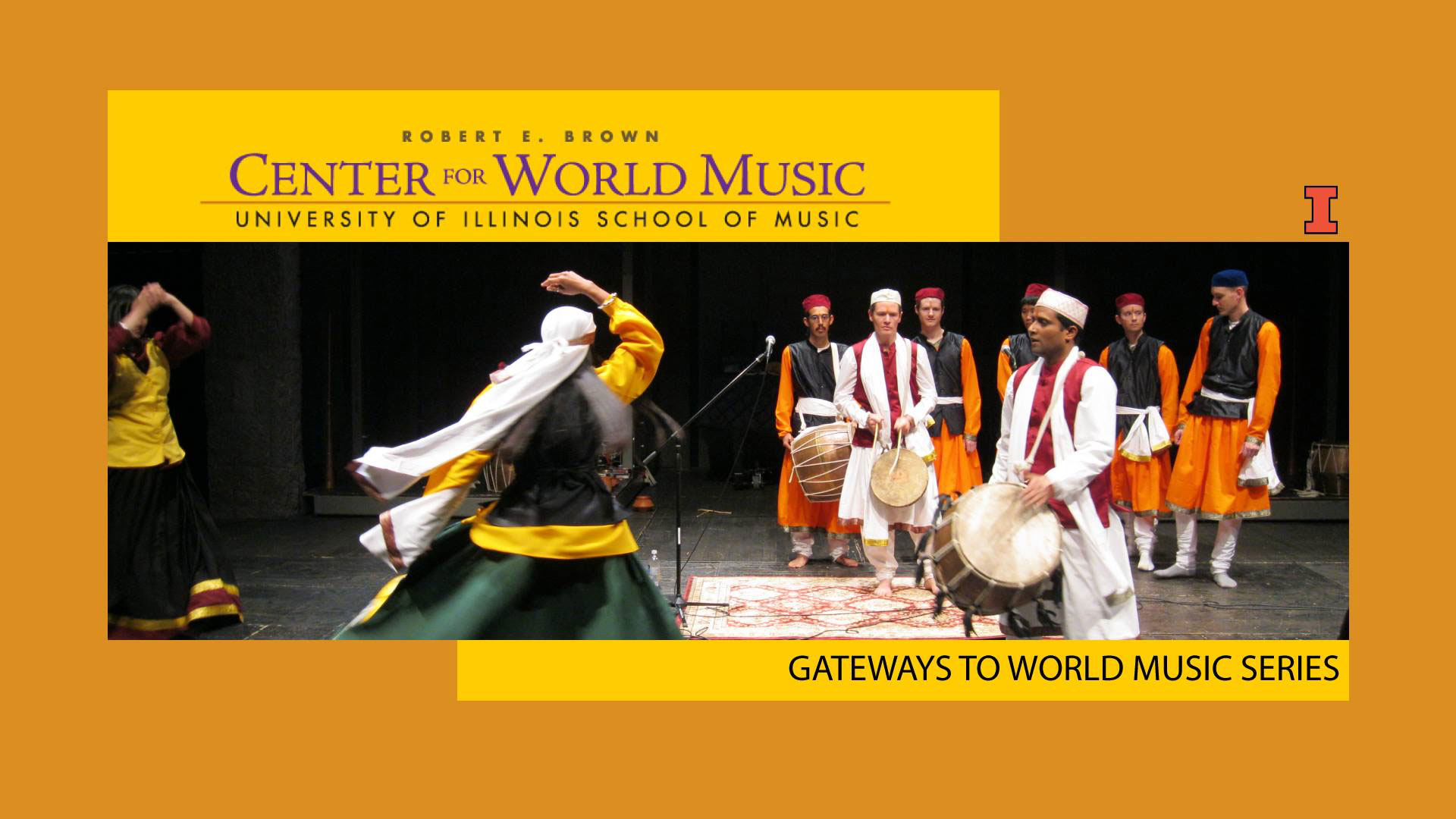 Center for World Music logo with dancers and drummers in colorful costume
