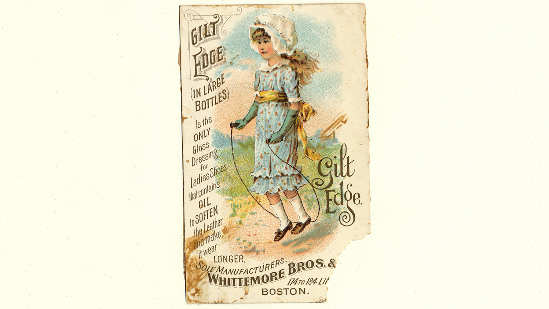 paper advertisement for ladies shoes with a little girl in blue dress from historic times