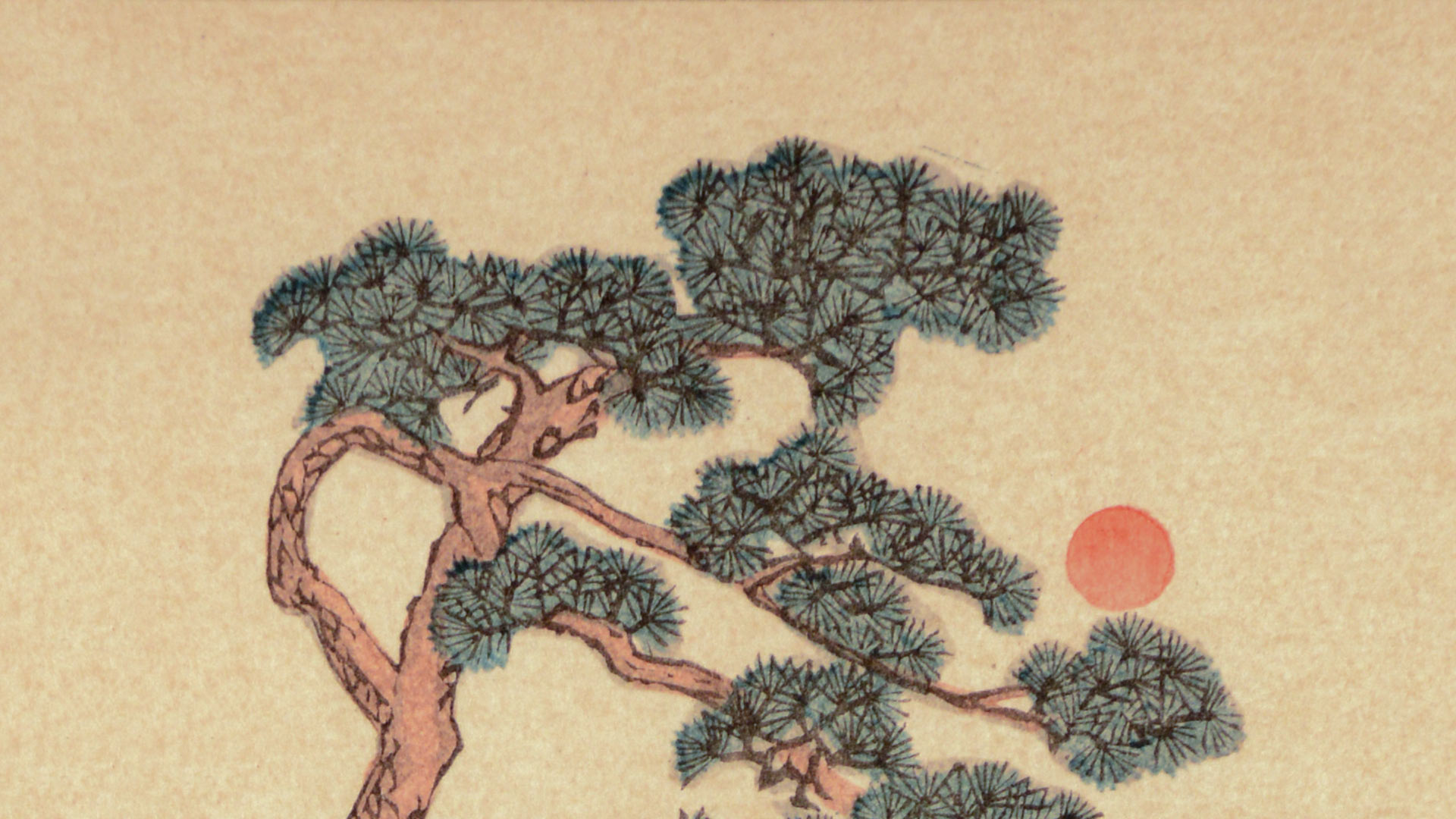 East Asian watercolor painting of a winding tree with an orange sun set against an off-yellow background.