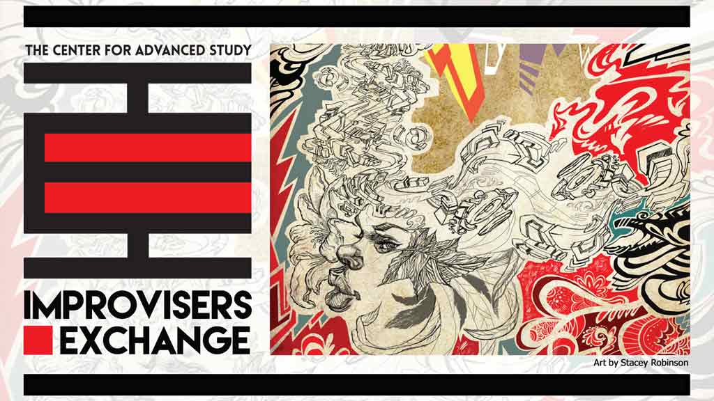 The Center for Advanced Study Improvisers Exchange logo with red/black sketched abstract art