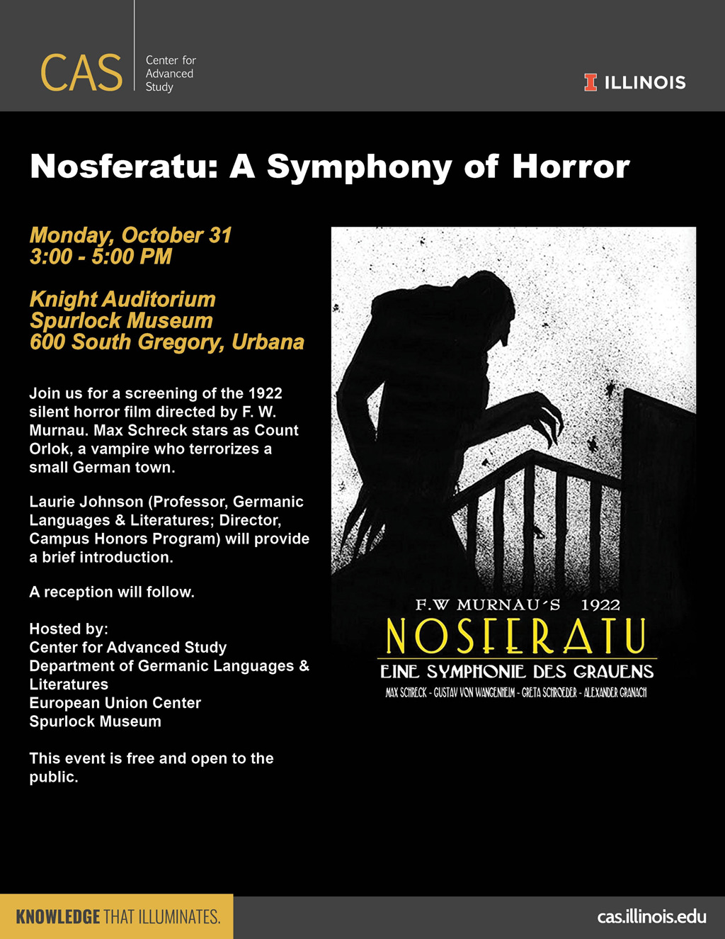 Dark gray poster reading "Nosferatu: A Symphony of Horror," with a silhouette of a vampire against a white background.
