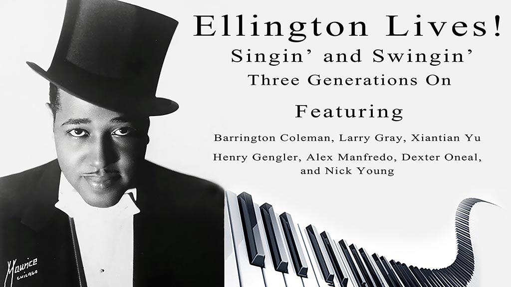 black and white image of Duke Ellington and keyboard keys with the title Ellington Lives! Singin
