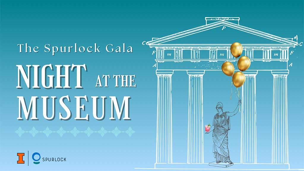 A Greek statue of a woman holding golden balloons and a drink in front of a white outline of a building with the words The Spurlock Gala Night at the Museum in white bold letters on a blue background