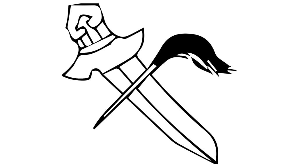 sketch of sword and a fly-brush, which is a thin wooden stick with feathers or animal hair attached on the end