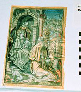 Thumbnail of Handcolored Woodcut:  Adoration of the Magi (1922.08.0003)