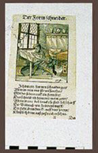 Thumbnail of Colored Woodcut:  Printer at Work (Formen Schneider) ()