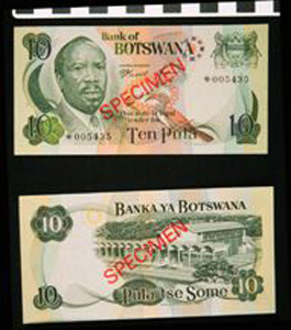 Thumbnail of Bank Note: Botswana, 10 Pula (1992.23.0139D)