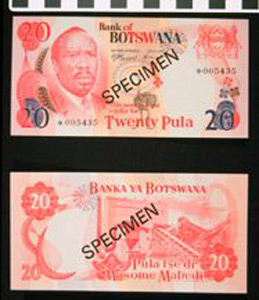 Thumbnail of Bank Note: Botswana, 20 Pula (1992.23.0139E)
