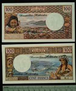 Thumbnail of Bank Note: New Hebrides, 100 Francs (1992.23.1553)