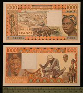 Thumbnail of Bank Note: West African States, 1000 Francs (1992.23.2325)