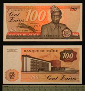 Thumbnail of Bank Note: Republic of Zaire, 100 Zaires (1992.23.2357)