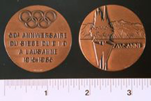 Thumbnail of Olympic Commemorative Medallion: "50e Anniversaire Du Siege Du  C I O  A Lausanne 1915-1965" (1977.01.0741)