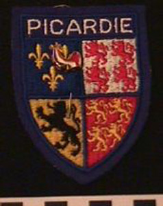 Thumbnail of Heraldic Picardie Patch with attached Commemorative Pin: Jeux de France (1977.01.0133A)