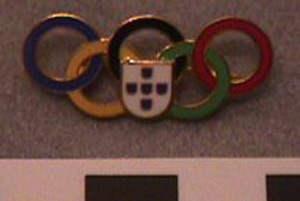 Thumbnail of Olympic Commemorative Pin: Portuguese Flag, 5 Rings (1977.01.1097)