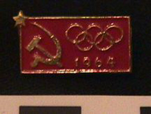 Thumbnail of Commemorative Pin for XVIII Summer Olympic Games in Tokyo worn by the Coaches, Trainers and Judges on the Soviet Olympic Team (1977.01.1340D)
