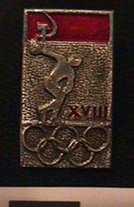 Thumbnail of Commemorative Pin for XVIII Summer Olympic Games in Tokyo worn by the Coaches, Trainers and Judges on the Soviet Olympic Team: Shot Put or Bowling (1977.01.1340H)