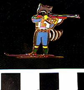Thumbnail of Commemorative Olympic Pin:  Olympic Shoot & Ski Raccoon Mascot (1980.09.0012B)
