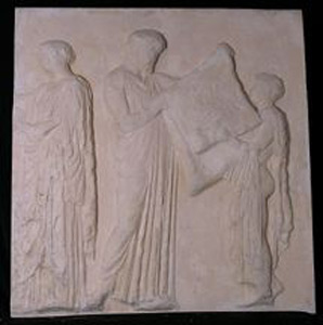 Thumbnail of Plaster Cast of East Parthenon Frieze Panel - Priestess, Priest Receiving Peplos for Athena from Boy (1911.03.0023)