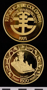 Thumbnail of Coin: Republic of Columbia, 1500 pesos, VI Pan-American Games (1977.01.0033E)