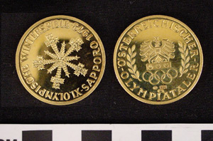 Thumbnail of Commemorative Gold Medal: Austrian Olympic Committee, 1972 Winter Olympiad, Sapporo (1977.01.0391A)