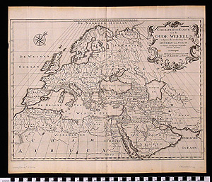 Thumbnail of Map:  Geografische kaarte van de onde weereld volgens de verdeeling der kinderen van noach (1992.08.0053)