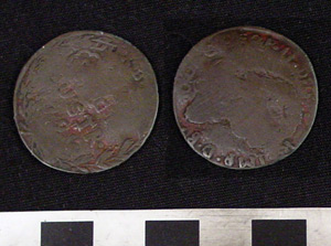 Thumbnail of Coin: Barbarous copy of Belgian Sou coin 1791 from Palestine-Levant (1971.15.3318)