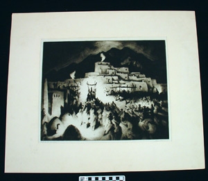 Thumbnail of Aquatint Copper Plate Etching Print:  "Christmas Eve, Taos Pueblo" by Gene Kloss, Signed (1952.02.0005)