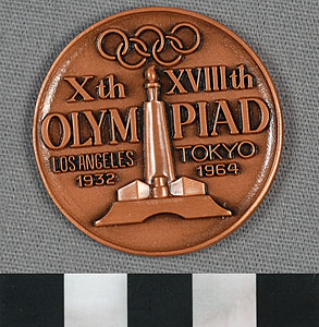 Thumbnail of Commemorative Olympic Medallion: "Xth, XVIIIth Olympiad, Los Angeles 1932, Tokyo 1964" (1977.01.0579)