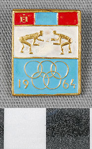 Thumbnail of Commemorative Pin for XVIII Summer Olympics in Tokyo: Mongolia, Wrestling (1977.01.1033)