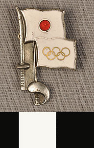 Thumbnail of Commemorative Olympic Pin: Flag of Japan, Olympic Flag, Curved Sword (1977.01.1122)