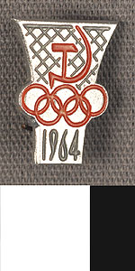 Thumbnail of Commemorative Pin for XVIII Summer Olympic Games in Tokyo worn by the Coaches, Trainers and Judges on the Soviet Olympic Team: Basketball (1977.01.1340G)
