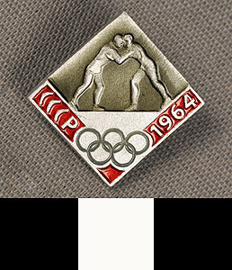 Thumbnail of Commemorative Pin for XVIII Summer Olympic Games in Tokyo worn by the Coaches, Trainers and Judges on the Soviet Olympic Team: Wrestling (1977.01.1340J)