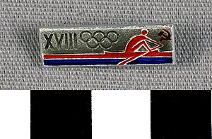 Thumbnail of Commemorative Pin for XVIII Summer Olympic Games in Tokyo worn by the Coaches, Trainers and Judges on the Soviet Olympic Team: Rowing (1977.01.1340M)